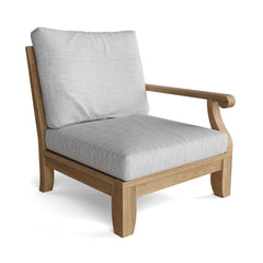 Outdoor Anderson Teak Riviera Teak Wood Deep Seating Sectional Sofa set in cast mist with cushions, perfect for garden lounge.