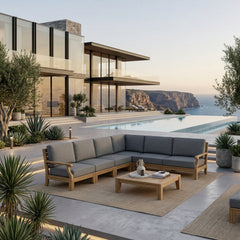 Anderson Teak Riviera Teak Wood Outdoor Sofa Set with deep seating, in cast mist color, designed for garden lounge and patio relaxation.