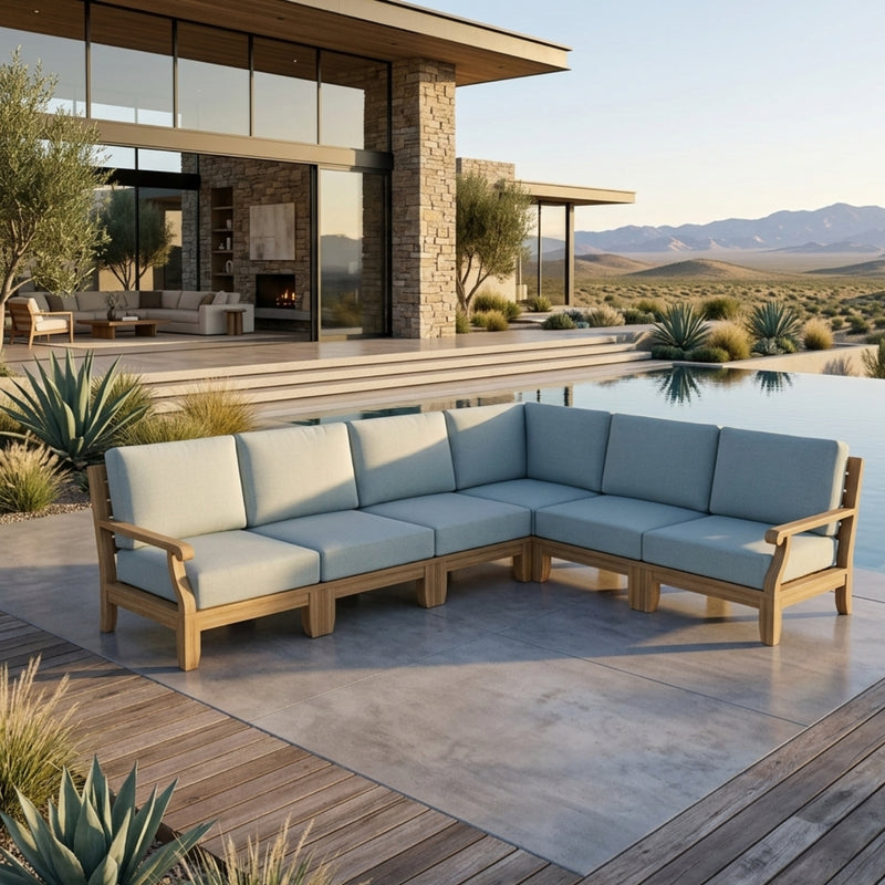 Outdoor Anderson Teak Riviera teak wood sectional sofa set with deep seating, in cast mist color, for garden lounge.