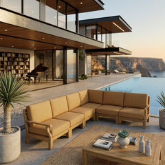 Anderson Teak Riviera Teak Wood Outdoor Sofa Set with deep seating, available in 9 designer colors for garden lounge.