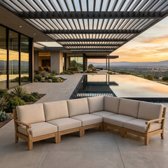 Anderson Teak Riviera teak wood outdoor sectional sofa in cast mist color, designed for garden lounge and patio relaxation.