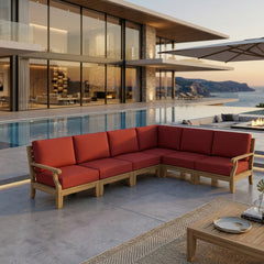 Anderson Teak Riviera Teak Wood Outdoor Sofa Set with deep seating, in a garden lounge setting with nine color options.