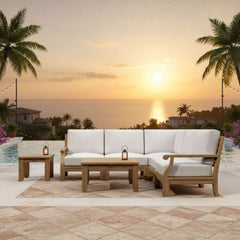 Anderson Teak Riviera teak wood outdoor sectional sofa set with deep seating, in a garden lounge setting, available in nine designer colors.