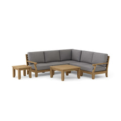 Anderson Teak Riviera teak wood outdoor sectional sofa set in cast mist color, designed for garden lounge and outdoor patio use.