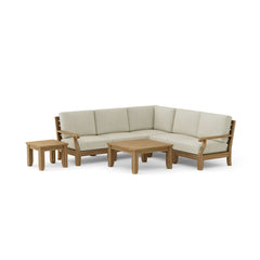 Anderson Teak Riviera Teak Wood outdoor sectional sofa set in cast mist color, featuring deep seating for garden lounge relaxation.