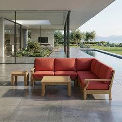 Anderson Teak Riviera outdoor sectional sofa with teak wood frame, deep seating, in cast mist color, part of luxury patio furniture set.