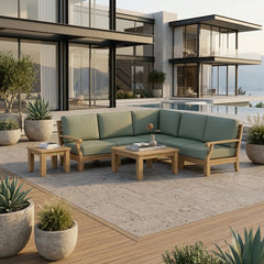 Anderson Teak Riviera Teak Wood Outdoor Sofa Set with deep seating, garden lounge design, in cast mist color, part of luxury patio furniture.