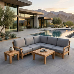 Anderson Teak Riviera Teak Wood Outdoor Sofa Set with deep seating, in Mist color, designed for garden lounge and outdoor patio use.