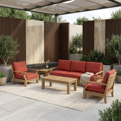Outdoor Anderson Teak Riviera Teak Wood Deep Seating Sofa Set with cushions in cast mist color, designed for garden lounge comfort.