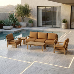 Anderson Teak Riviera Teak Wood outdoor sofa set with deep seating, in cast mist color, part of the nine-color patio lounge collection.