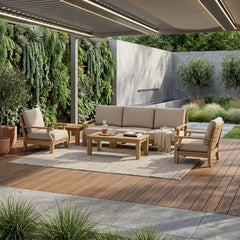 Anderson Teak Riviera Teak Wood outdoor sofa set with deep seating, cast mist color, for garden lounge, 9 designer color options.