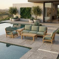 Anderson Teak Riviera Teak Wood outdoor sofa set with deep seating, in cast mist color, for garden lounge, part of Set-97 collection.