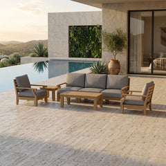 Anderson Teak Riviera Teak Wood outdoor sofa set with deep seating, in Mist color, designed for garden lounge and patio relaxation.