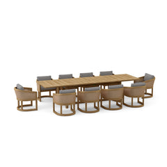 Luxury outdoor Anderson Teak 11-piece Catania dining table set with outdoor sofa in cast pomegranate, available in 9 designer colors.