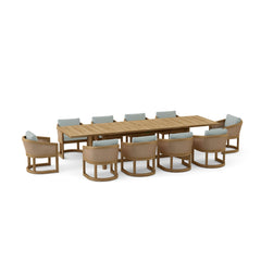 Anderson Teak 11-piece Catania outdoor dining set with teak outdoor sofa in cast pomegranate color, stylish patio furniture.