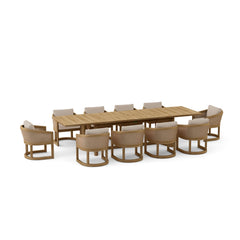 Anderson Teak 11-piece Catania outdoor teak dining table set with outdoor sofa in cast pomegranate, featuring nine designer colors.