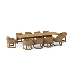 Anderson Teak 11-Piece Catania outdoor teak dining table set with outdoor sofa in cast pomegranate color, outdoor patio furniture.