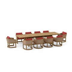 Outdoor teak sofa from Anderson Teak in cast pomegranate, part of the 11-piece Catania luxury outdoor dining set with 9 designer colors.