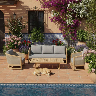 Outdoor Anderson Teak Catania 4-Piece Teak Wood Deep Seating Sofa Set in Pomegranate with colorful cushions for garden lounge.