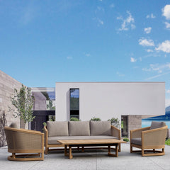 Anderson Teak Catania outdoor sofa set with deep teak wood seating, four-piece patio lounge in pomegranate color.