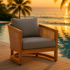 Anderson Teak Catania outdoor sofa set in pomegranate, four-piece deep seating patio furniture with colorful cushions.