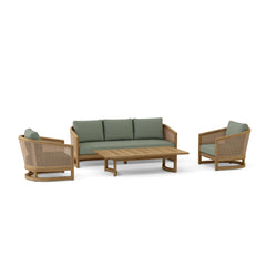 Anderson Teak Catania outdoor sofa set with deep seating in pomegranate, four-piece teak wood patio lounge for garden relaxation.