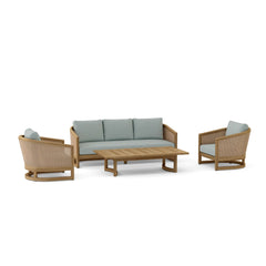 Anderson Teak Catania outdoor deep seating sofa set in Pomegranate with four pieces, teak wood, and stylish garden lounge design.