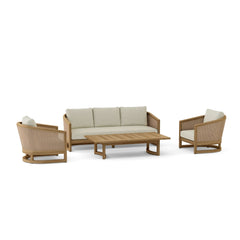 Anderson Teak Catania outdoor teak wood sofa set with deep seating, in pomegranate color, part of 4-piece patio lounge set.