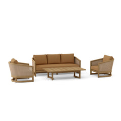 Anderson Teak Catania outdoor sofa set in pomegranate, four-piece teak wood deep seating garden lounge with colorful cushions.