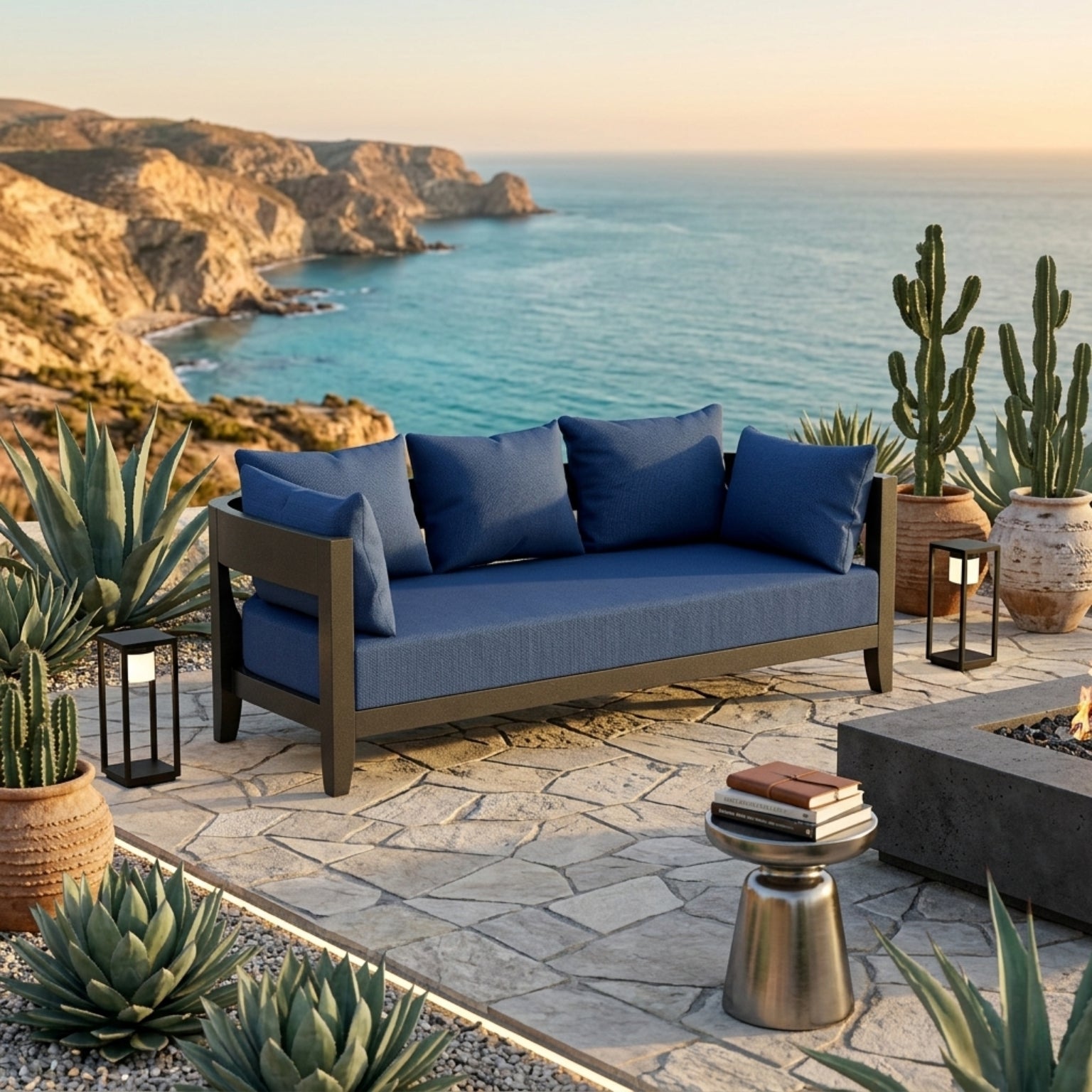 Anderson Teak Coronado Aluminum outdoor 3-seater patio sofa in pomegranate, with garden lounge setting and colorful cushions.