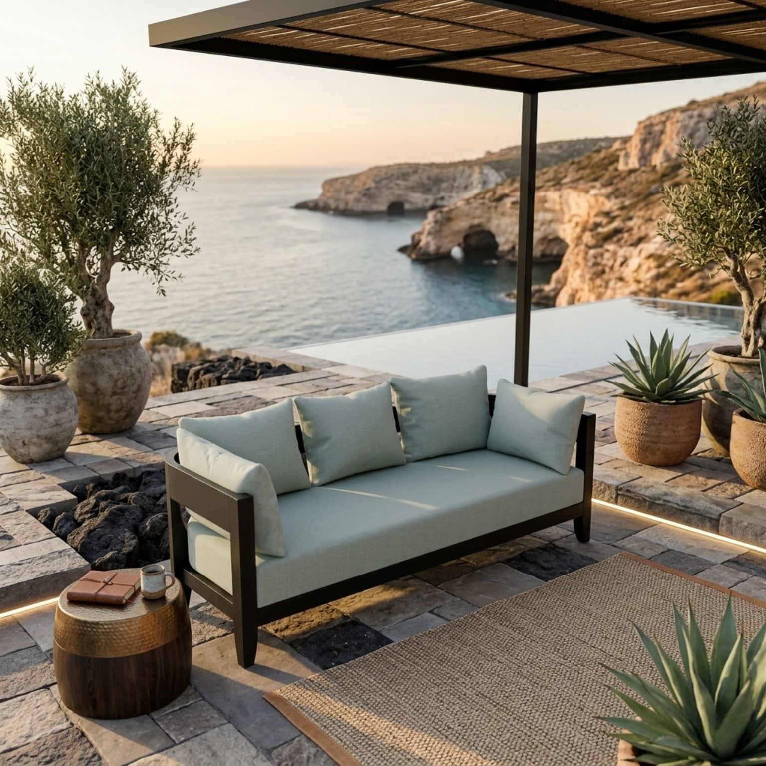 Anderson Teak Coronado Aluminum outdoor 3-seater patio sofa in cast pomegranate, perfect for garden lounge, available in 9 designer colors.