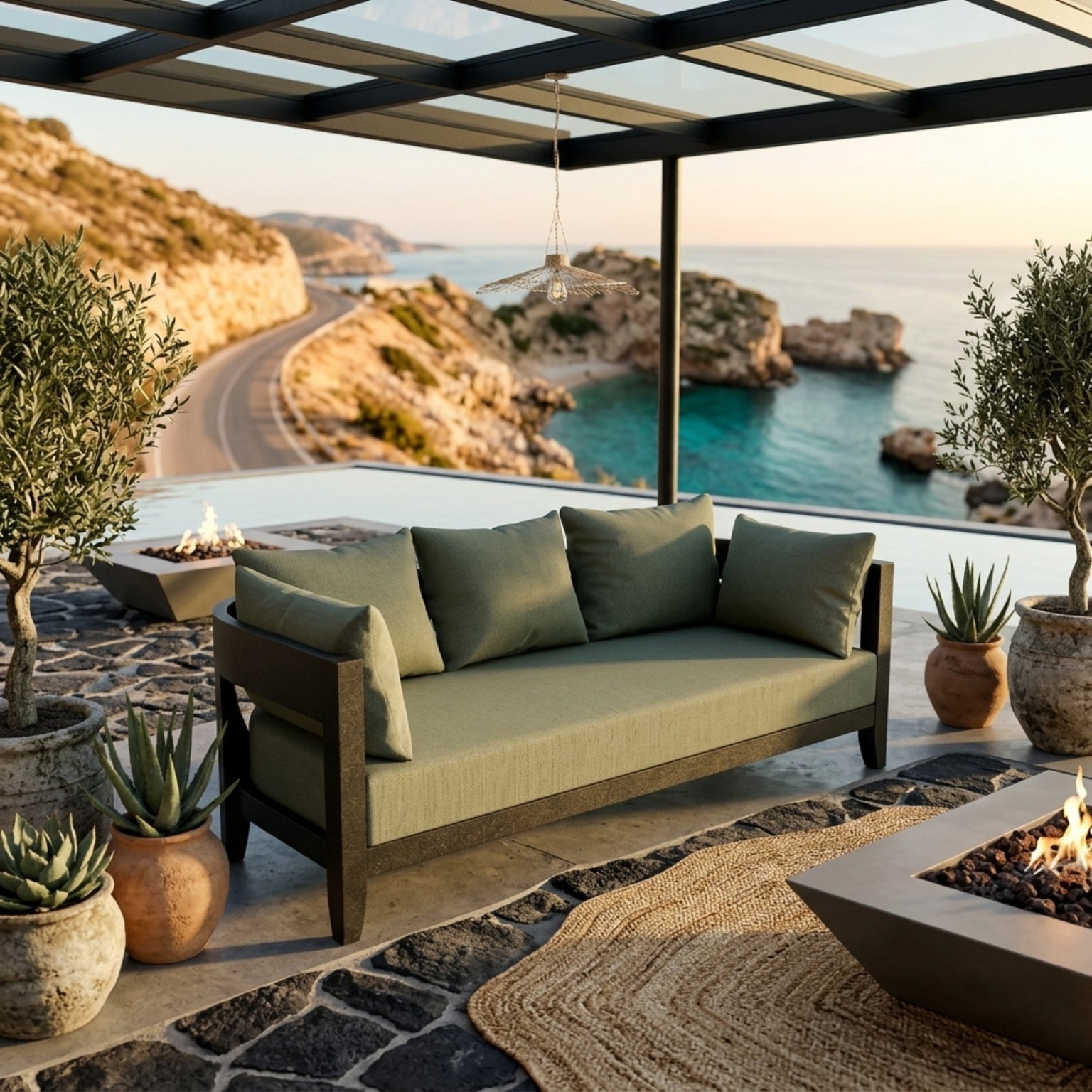 Outdoor Anderson Teak Coronado Aluminum 3-seater patio sofa in cast pomegranate, designed for garden lounge, available in 9 colors.