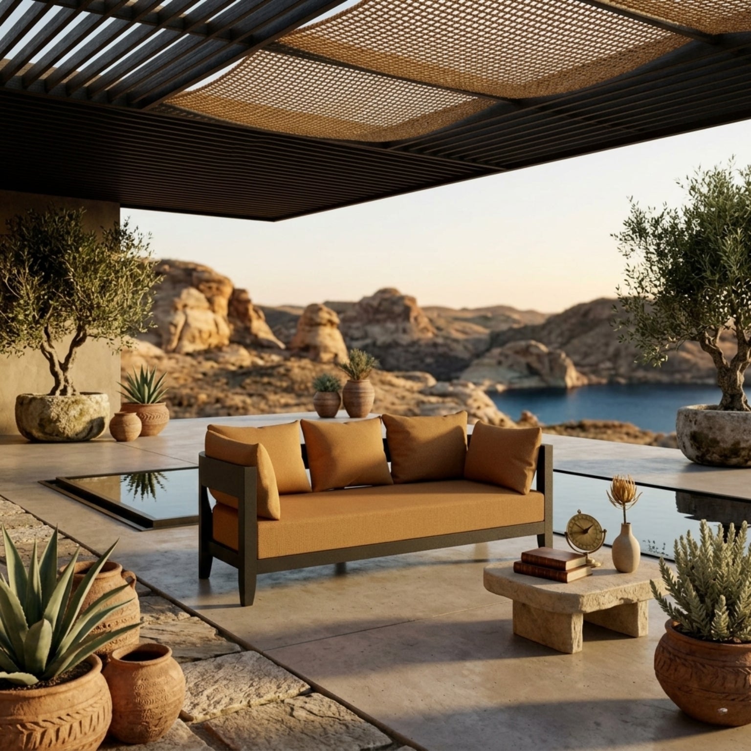 Anderson Teak Coronado Aluminum outdoor patio 3-seater sofa in cast pomegranate, designed for garden lounge comfort.