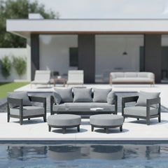 Anderson Teak 6-piece Coronado aluminum outdoor sofa set with deep seating in pomegranate color, includes cushions for garden lounge.