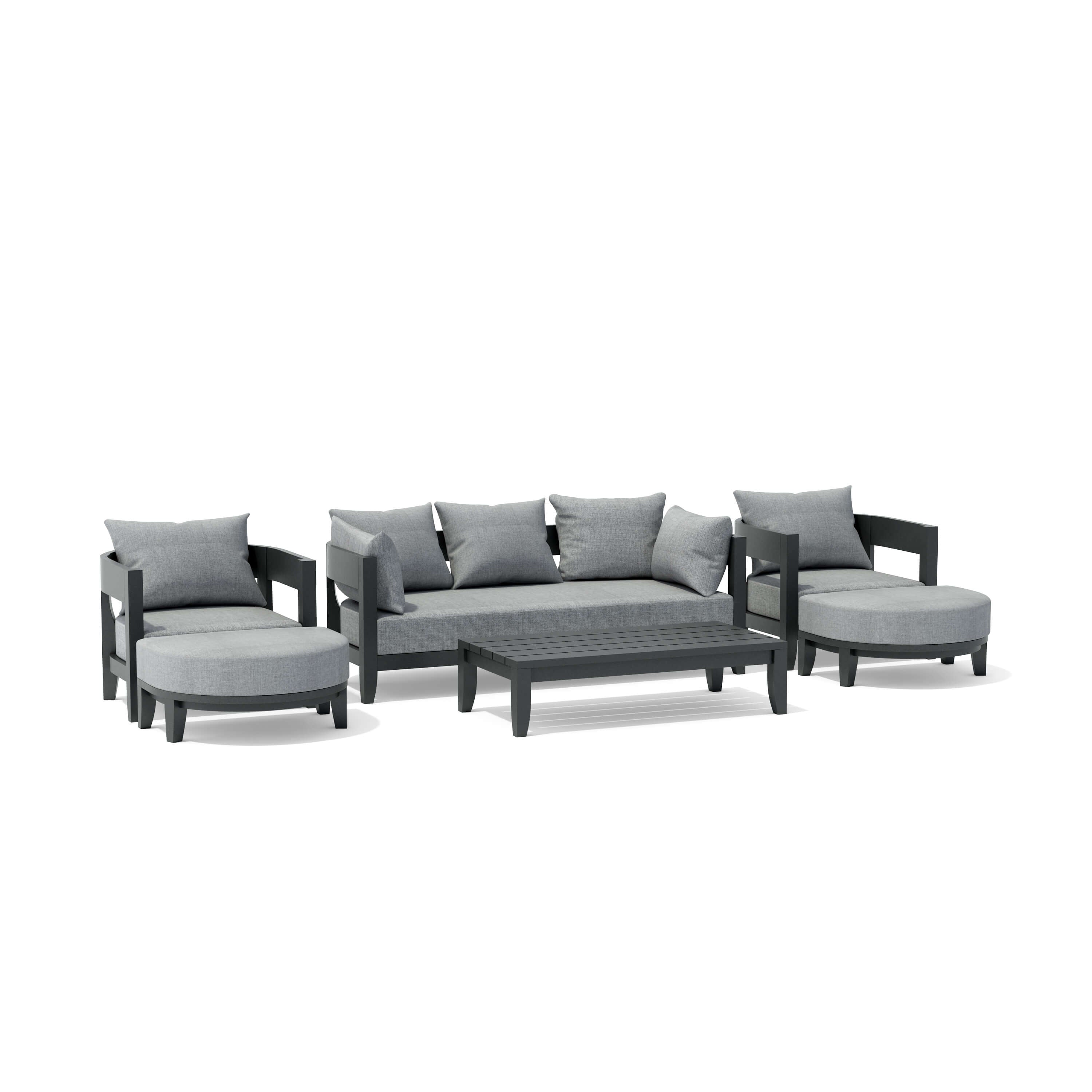 Anderson Teak Coronado 6-piece aluminum outdoor sofa set in pomegranate color with deep seating and modern design.
