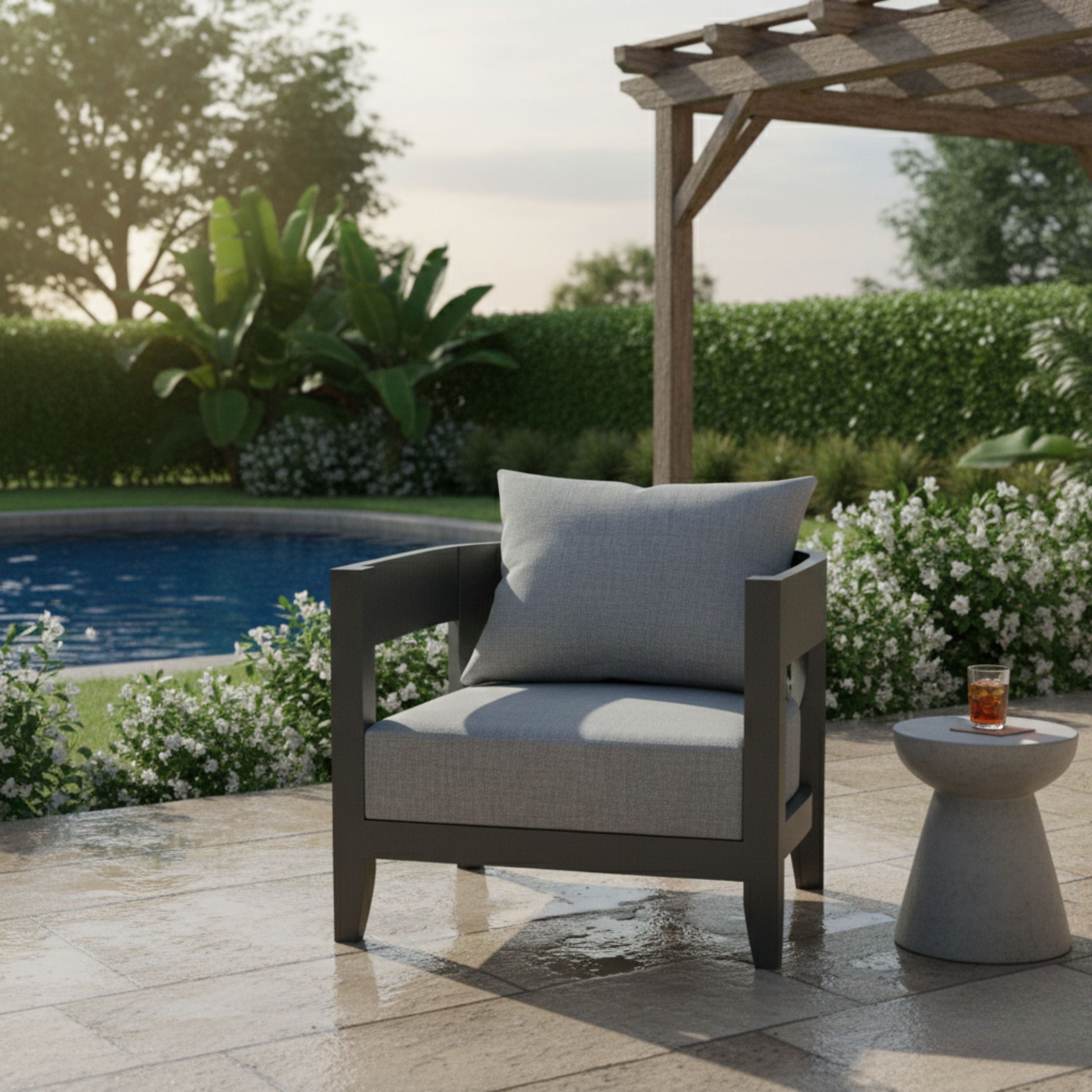 Outdoor Anderson Teak Coronado 6-piece aluminum deep seating sofa set in cast pomegranate with colorful cushions.