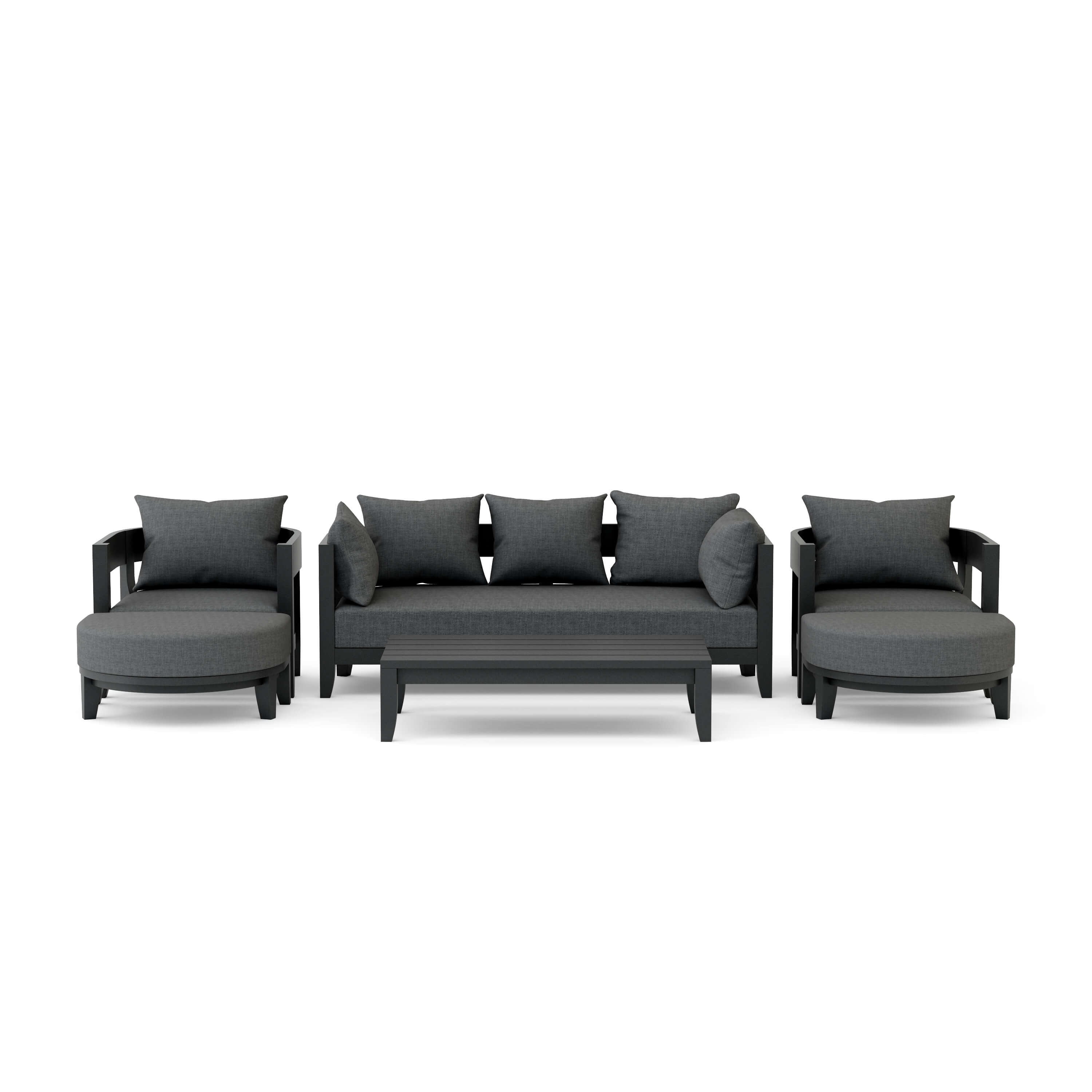 Anderson Teak Coronado 6-piece aluminum outdoor sofa set with deep seating in pomegranate color, includes cushions and table.
