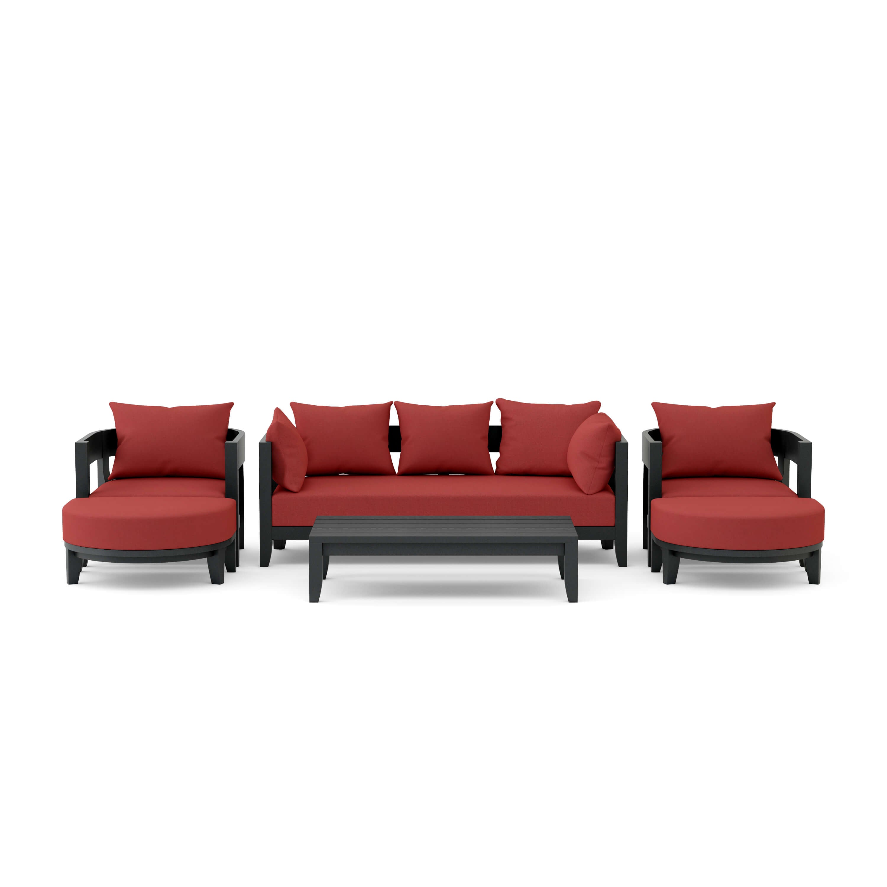 Anderson Teak Coronado 6-piece aluminum outdoor sofa set in Pomegranate, with deep seating cushions for garden lounge comfort.