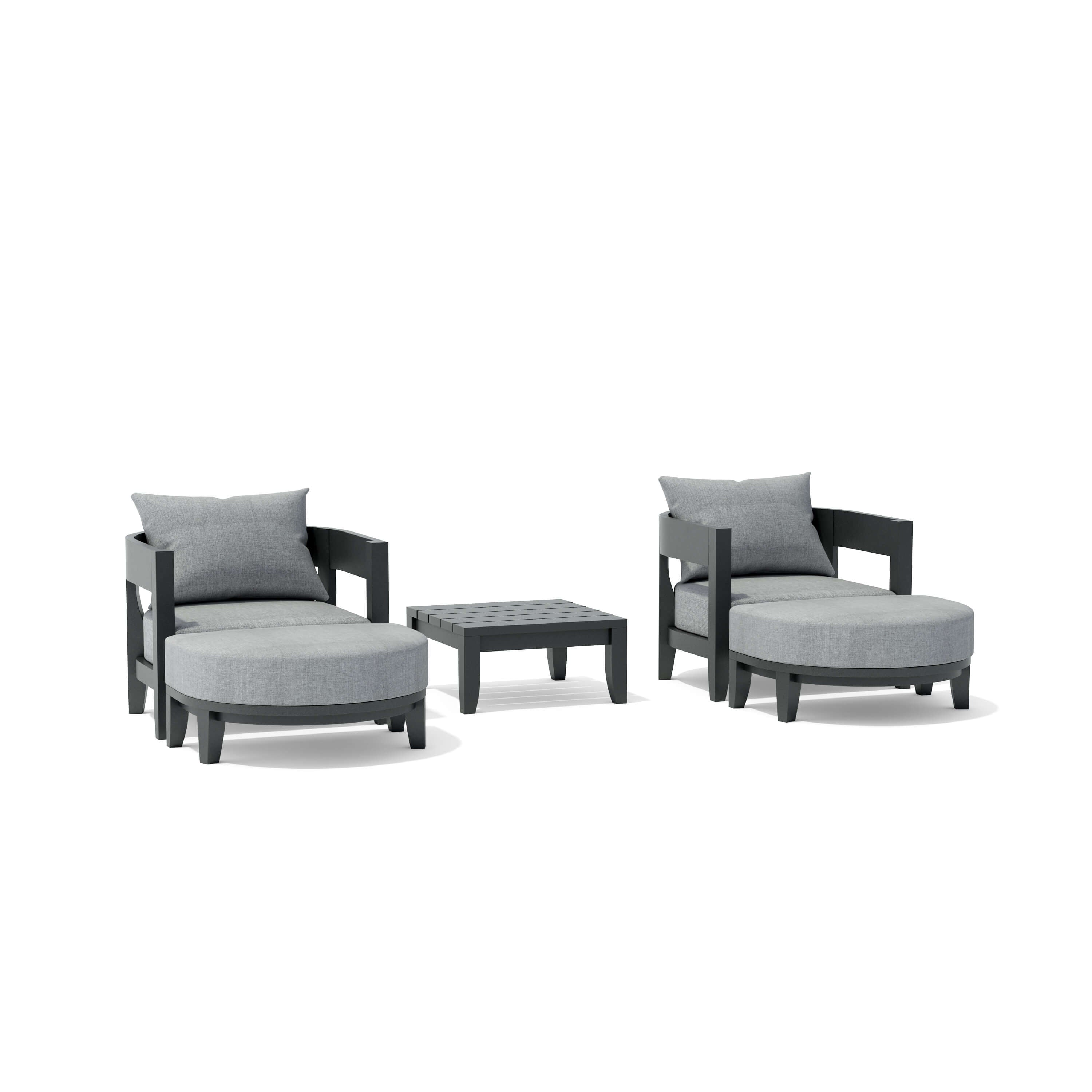 Anderson Teak Coronado 5-piece aluminum outdoor seating set with two armchairs and ottomans in vibrant pomegranate color.