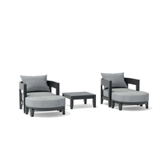 Anderson Teak Coronado 5-piece aluminum outdoor seating set with two armchairs and ottomans in vibrant pomegranate color.