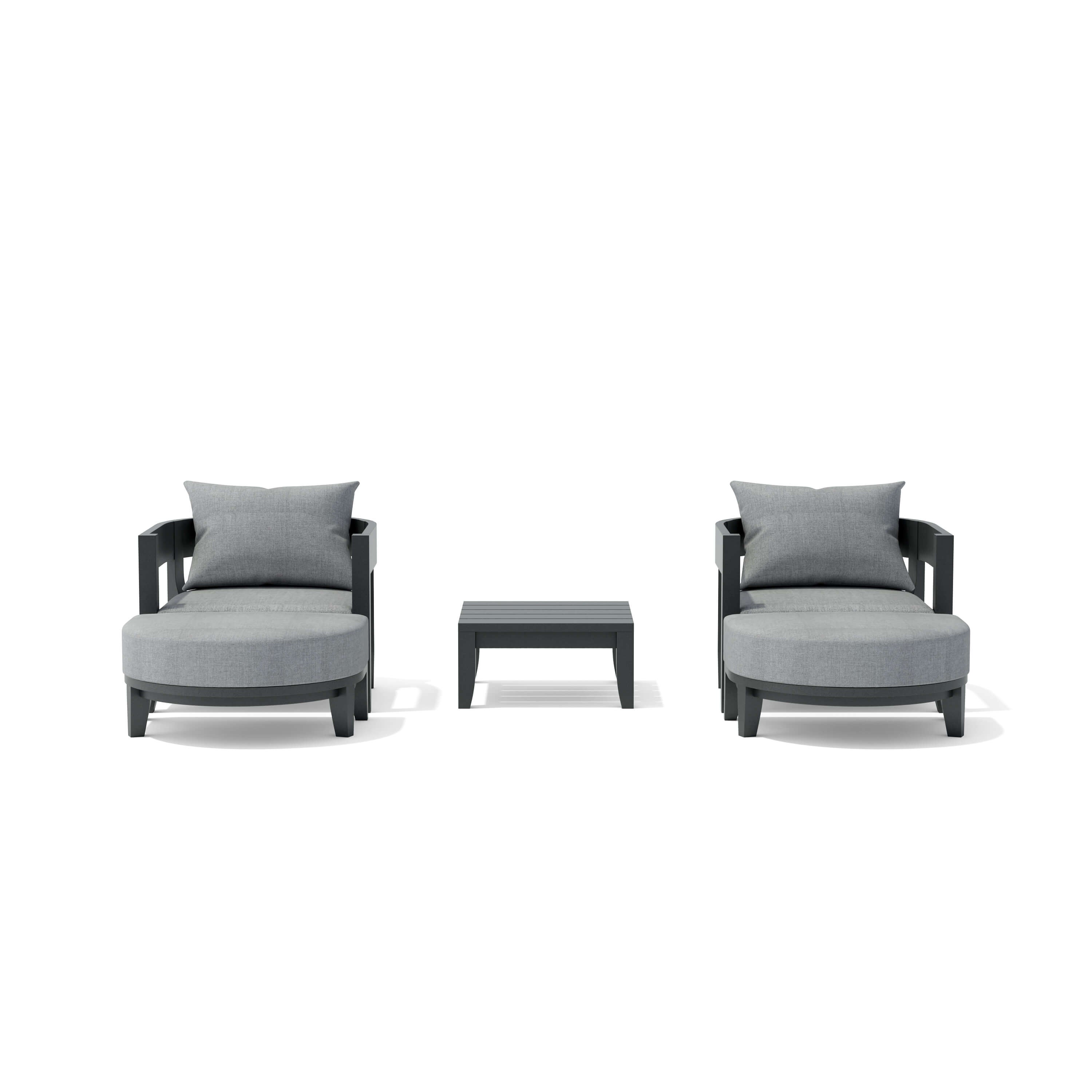 Anderson Teak Coronado 5-piece aluminum outdoor patio deep seating set with 2 armchairs and 2 ottomans in pomegranate color.