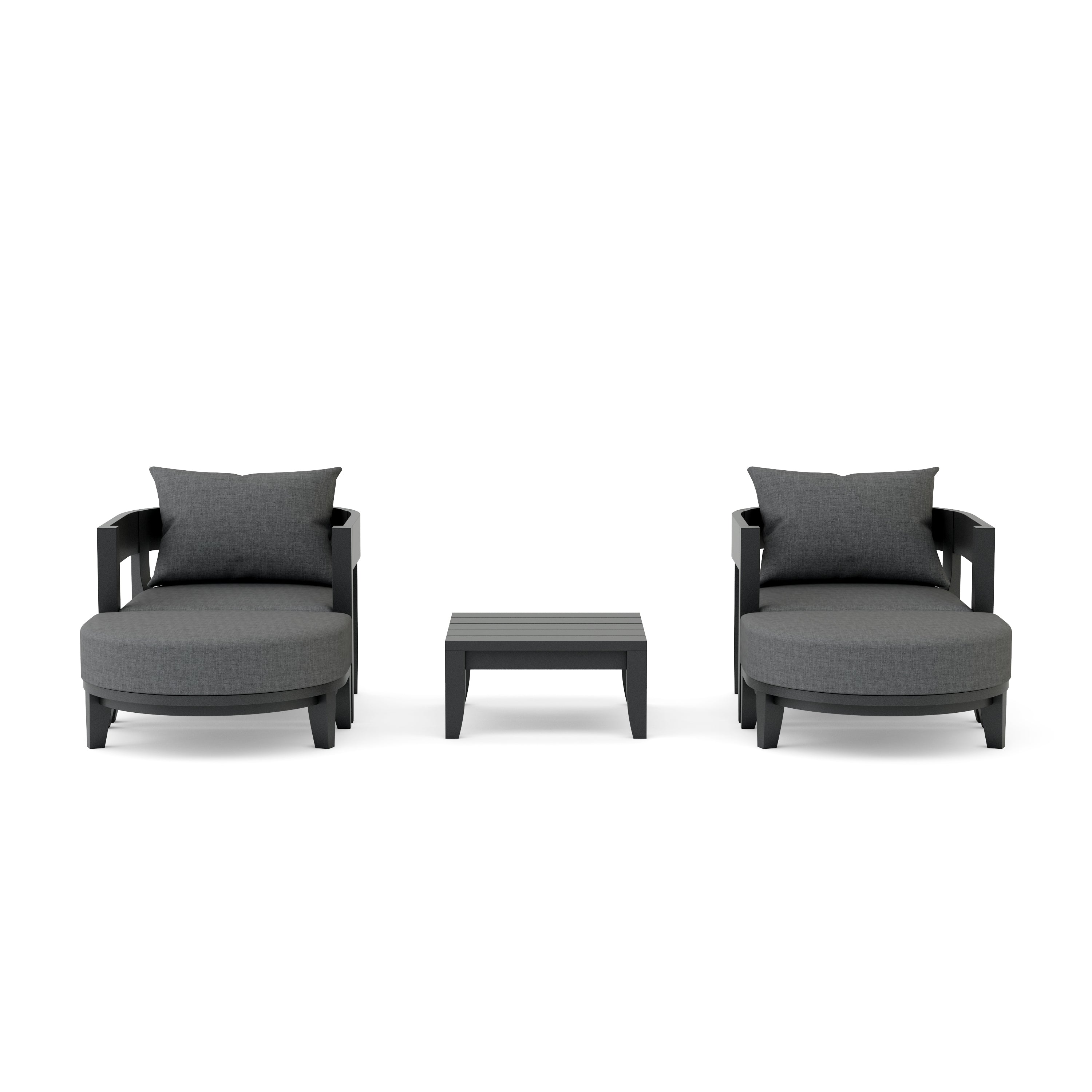 Anderson Teak 5-piece Coronado aluminum deep seating outdoor sofa set with 2 armchairs and 2 ottomans in cast pomegranate color.