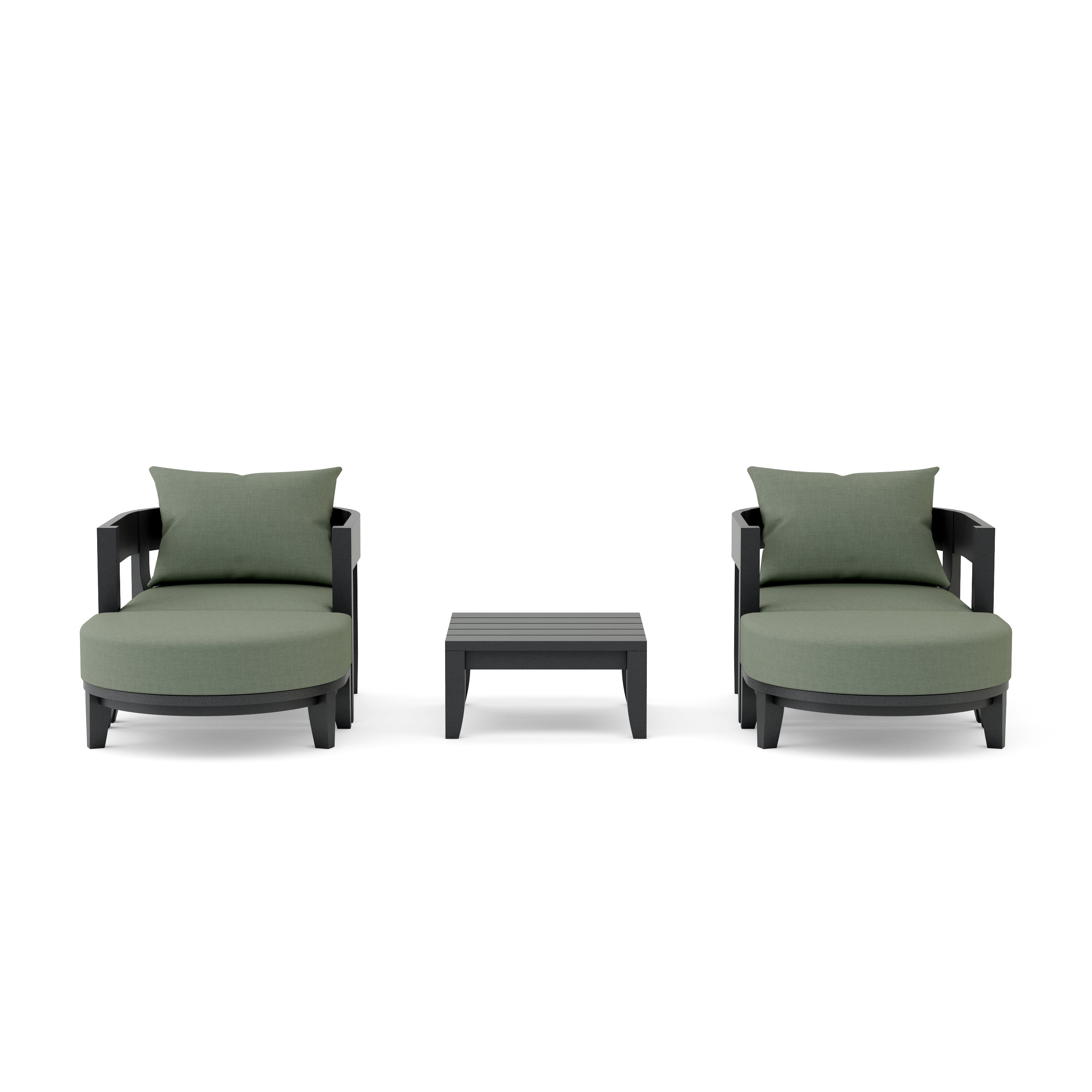 Anderson Teak Coronado 5-piece aluminum deep seating set with two armchairs and ottomans in cast pomegranate color.