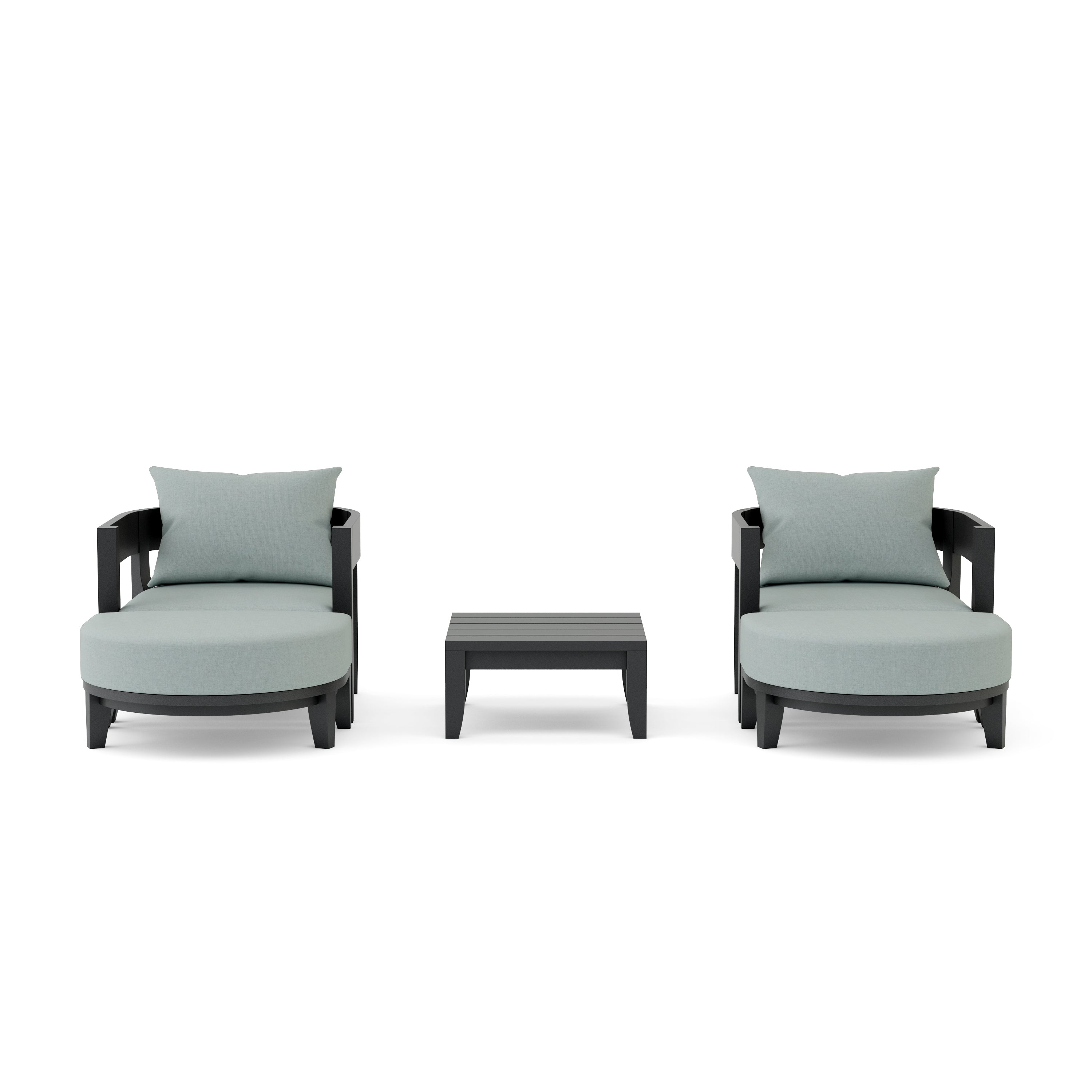 Anderson Teak Coronado 5-piece aluminum deep seating outdoor sofa set with 2 armchairs and 2 ottomans in cast pomegranate color.