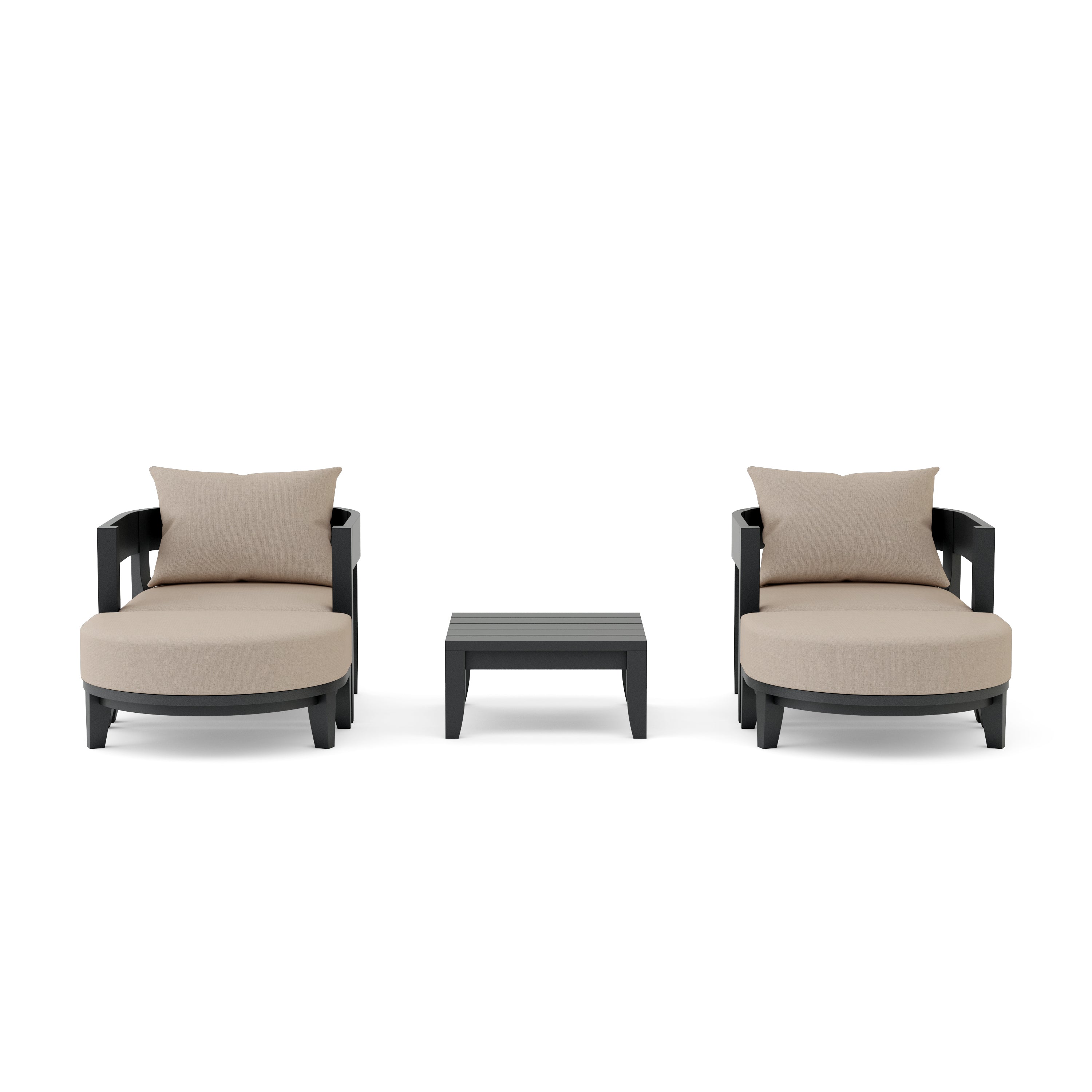Outdoor patio deep seating set by Anderson Teak, includes 2 armchairs and 2 ottomans in cast pomegranate color.