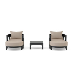 Outdoor patio deep seating set by Anderson Teak, includes 2 armchairs and 2 ottomans in cast pomegranate color.