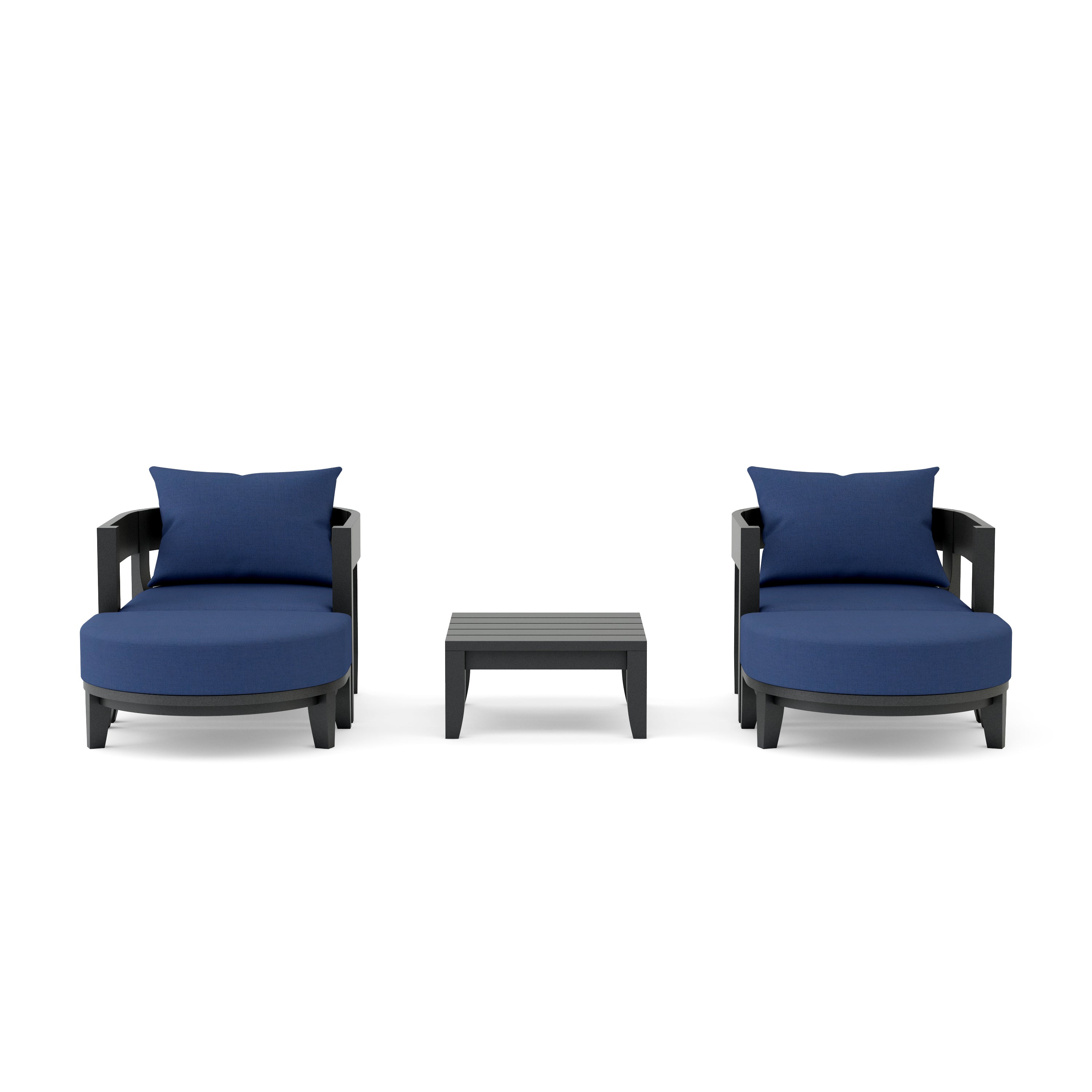 Anderson Teak Coronado 5-piece aluminum deep seating outdoor sofa set with 2 armchairs and 2 ottomans in cast pomegranate color.