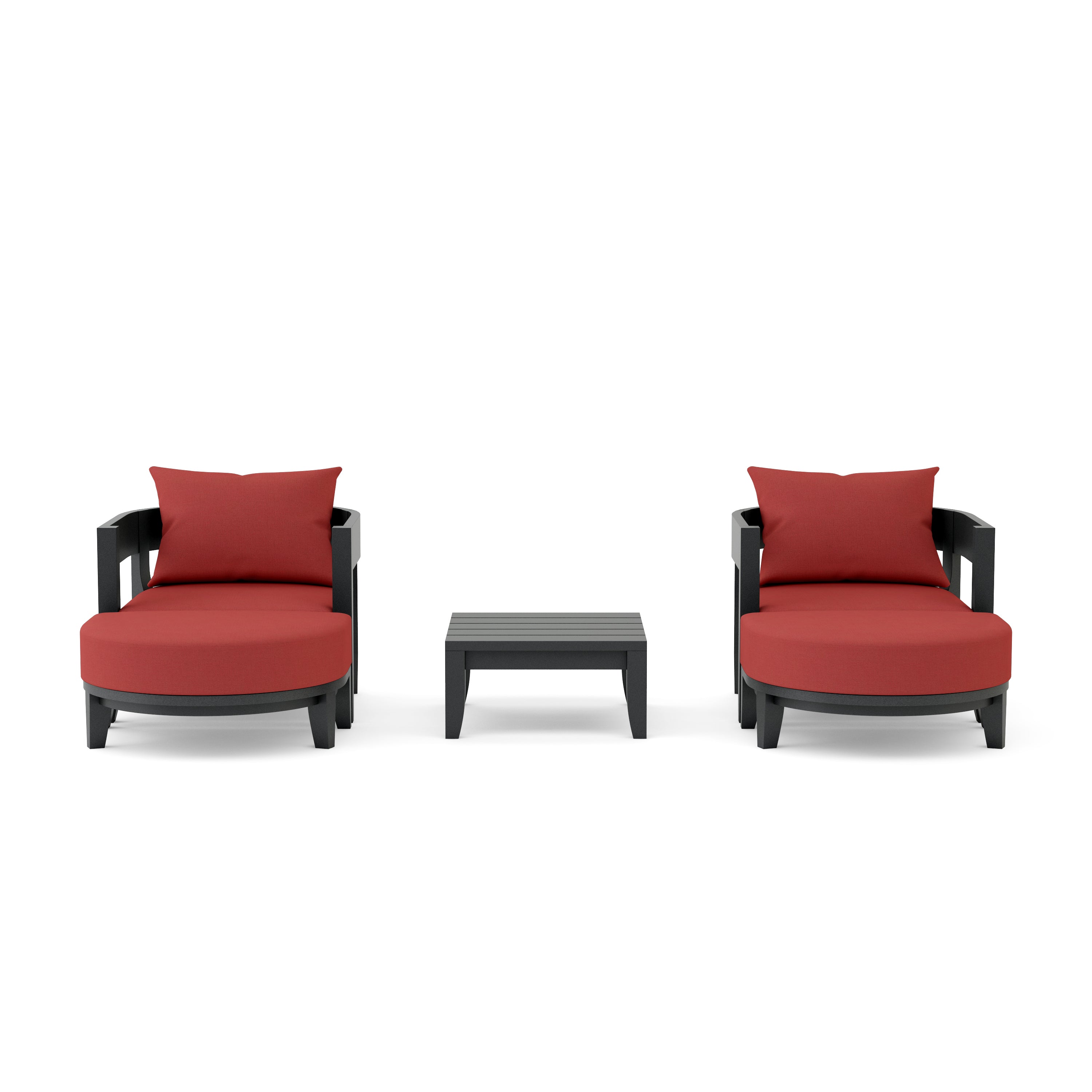 Anderson Teak Coronado 5-piece aluminum outdoor sofa set with 2 armchairs and ottomans in cast pomegranate color.