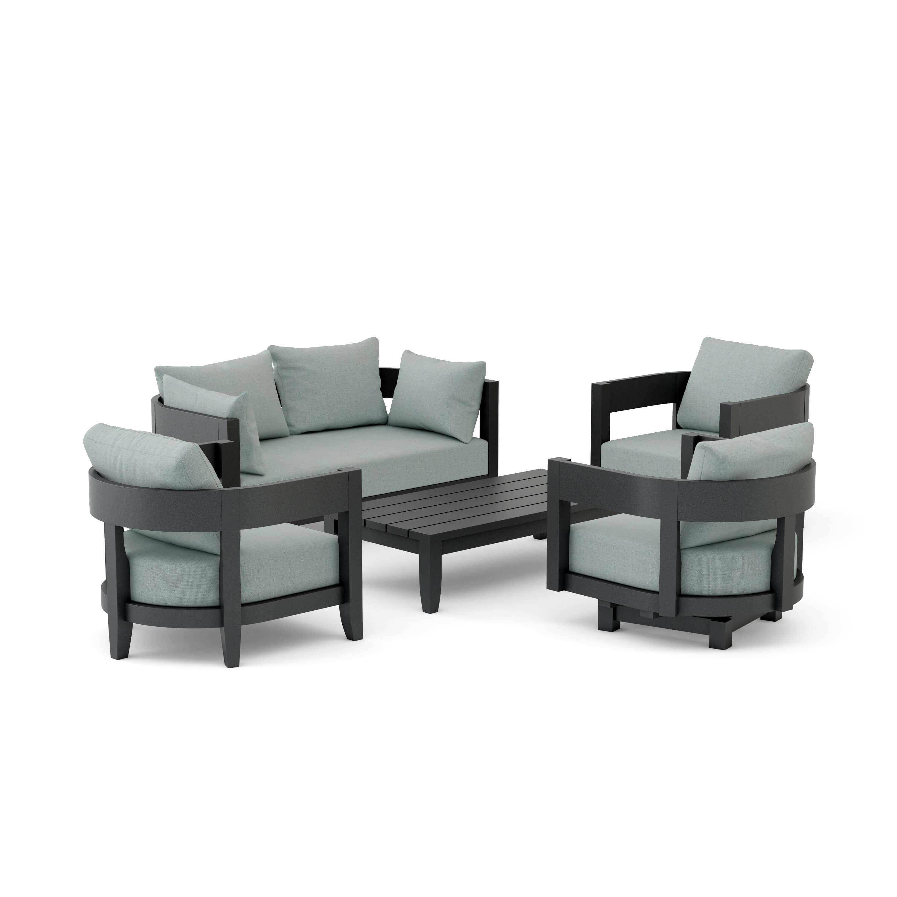 Anderson Teak Coronado 5-piece outdoor aluminum deep seating sofa set in pomegranate, with plush cushions and designer colors.