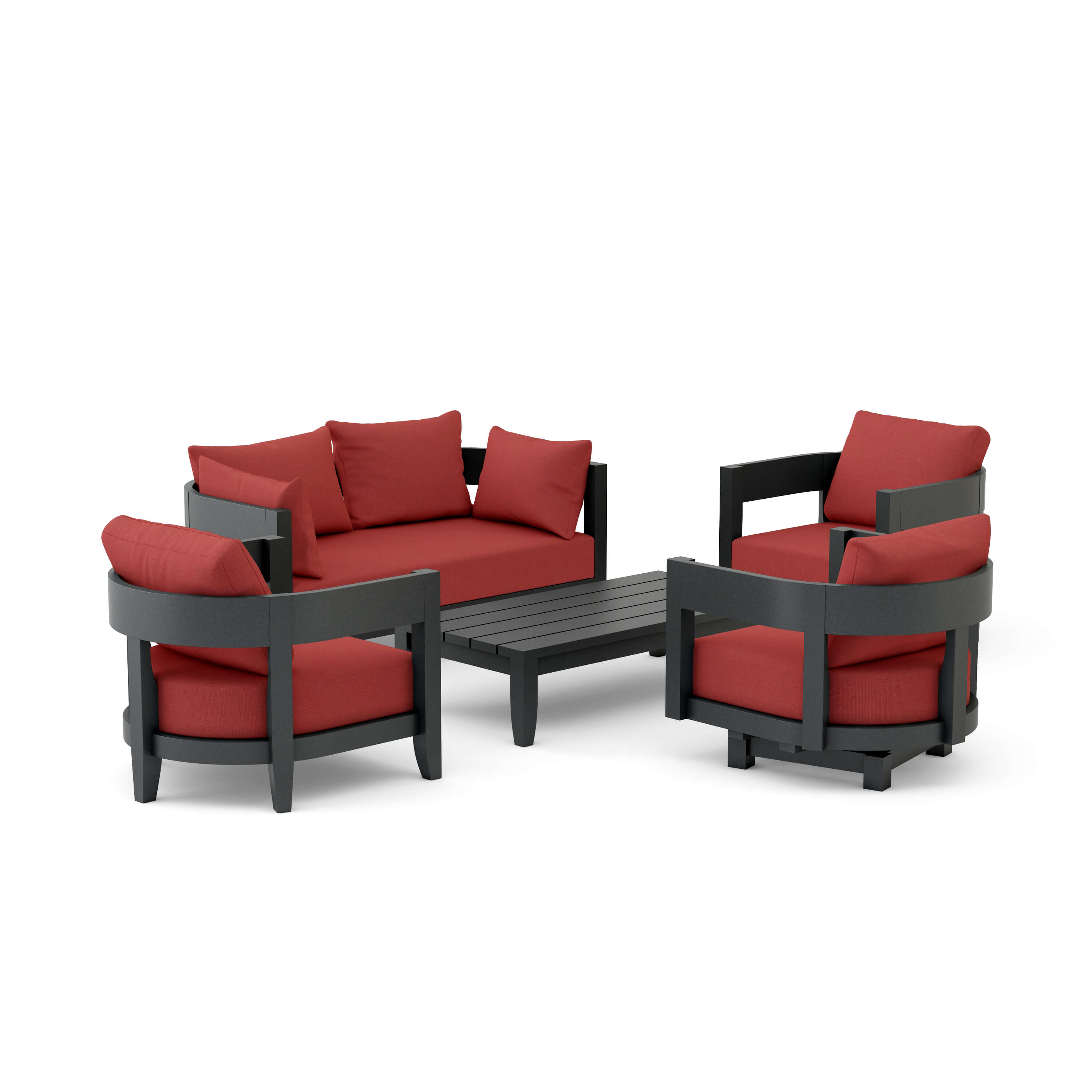 Anderson Teak Coronado 5-piece outdoor aluminum deep seating sofa set in pomegranate with colorful cushions for garden lounge.